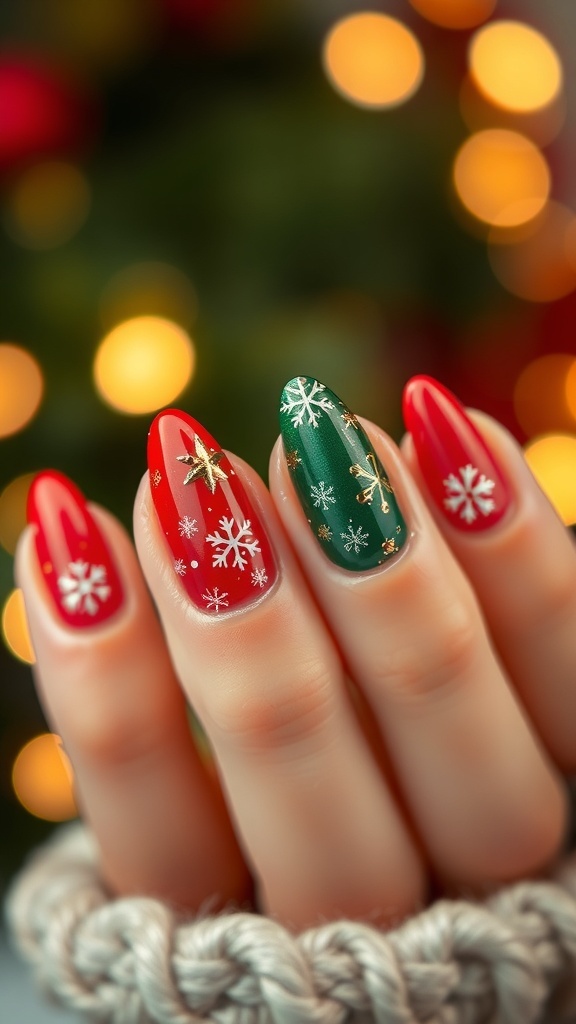 Short almond-shaped Christmas nails in red and green with snowflake designs on a festive background.